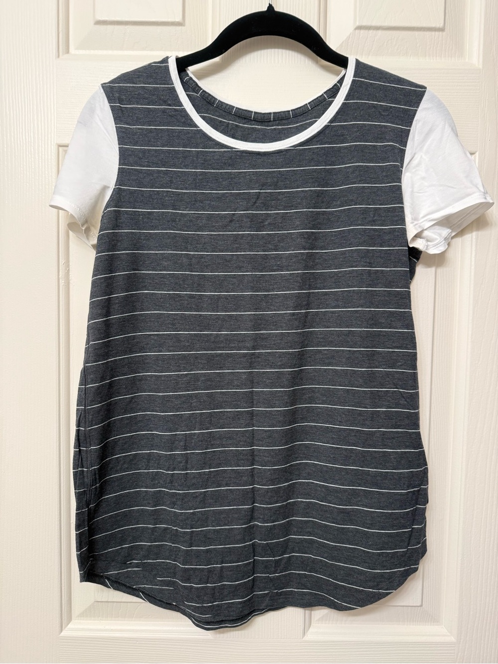 lululemon athletica Charcoal Gray Striped Crewneck Tee with White Sleeves